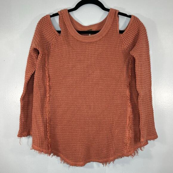 Free People Women Long Sleeve Off the shoulder Sweater Brown SP waffle Knit Boho - Picture 1 of 9